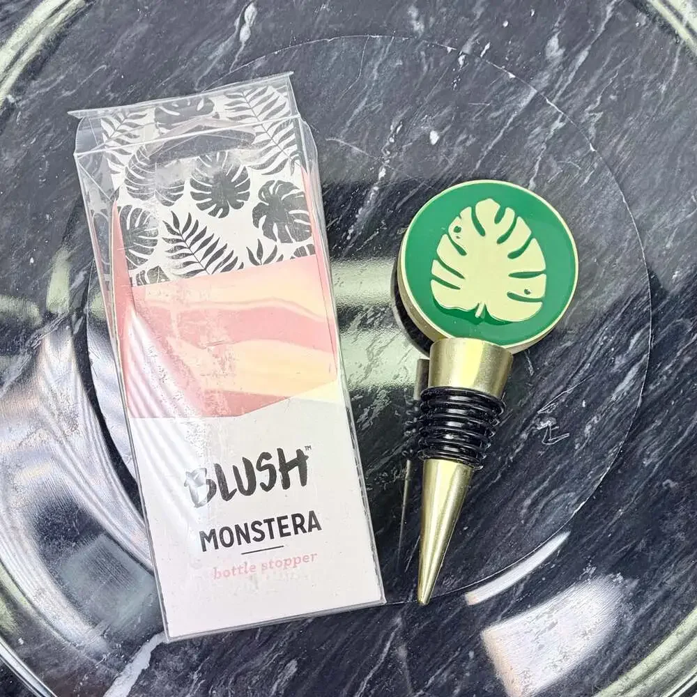 Blush Monstera Brushed Gold and Green Enamel Bottle Stopper